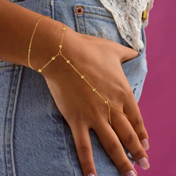 Hand Chain Bracelets for Women - 14K Real Gold Plated Dainty Stackable Paperclip - Picture 4 of 7